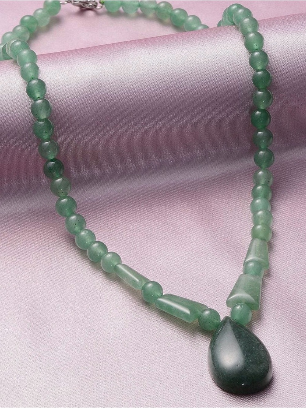 Green Aventurine Bead Necklace with Teardrop Pendant - Women’s Jewelry